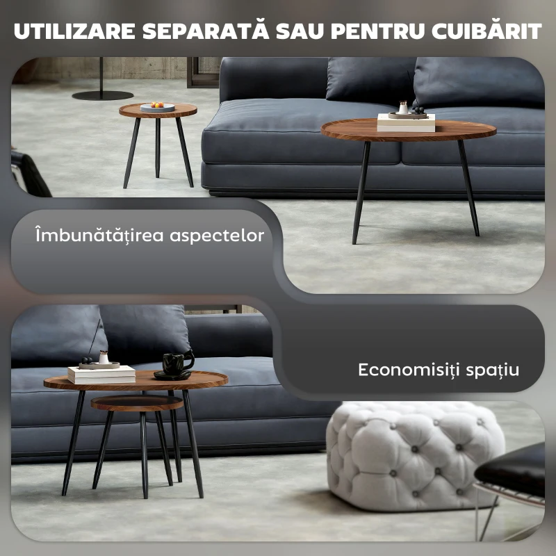 HOMCOM Set de 2 Măsuțe de Cafea Suprapunabile din Lemn și Metal