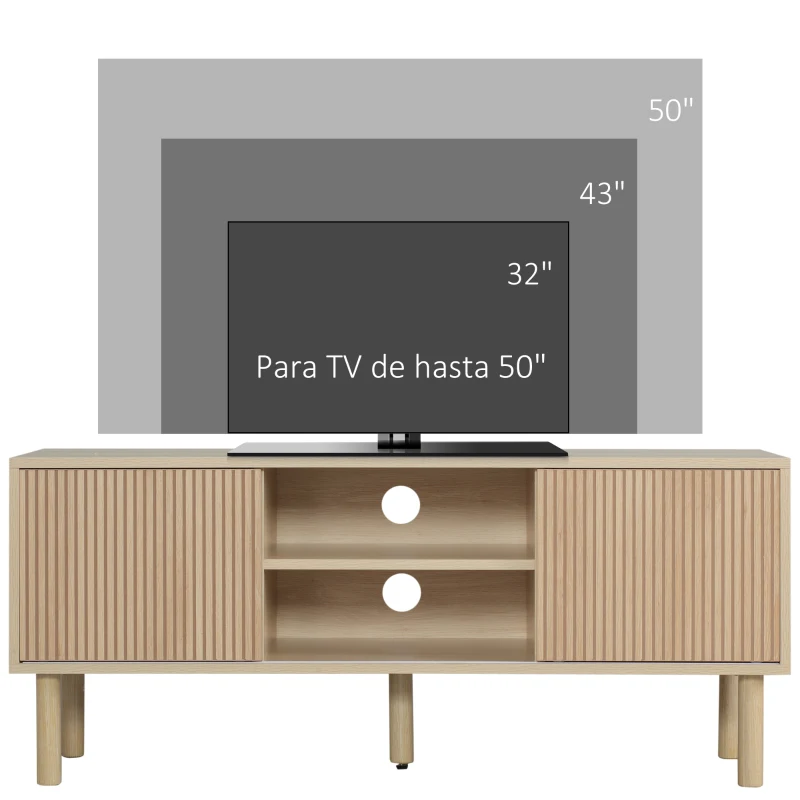 HOMCOM Mesa de TV con Puertas Correderas Estantes Abiertos Orificios para Cables para Televisión hasta 50 Pulgadas Natural