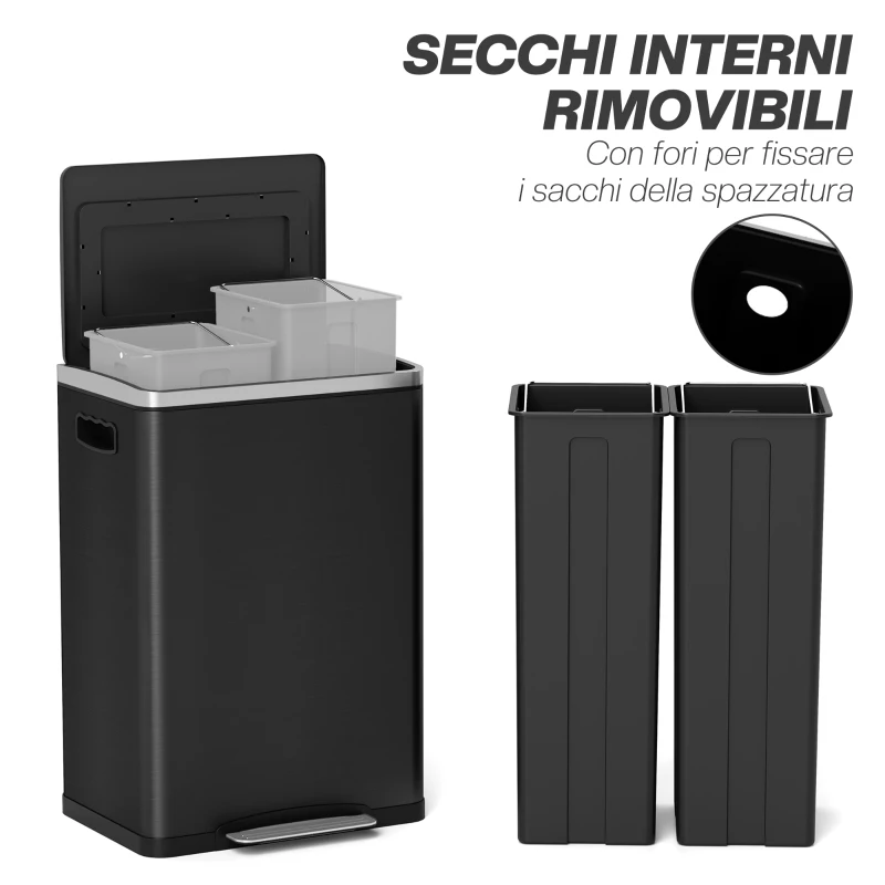 HOMCOM Bidone Immondizia a 2 Sezioni da 20L con Coperchio Silenzioso, in Acciaio Inox e PP, 40x34.8x59 cm, Nero