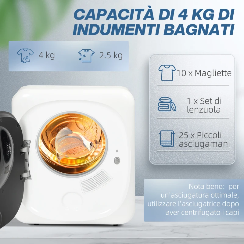 HOMCOM Asciugatrice ad Aria Carico 4kg con Timer e Programma Smart, in Acciaio Inox e ABS, 48x40x56 cm, Bianco