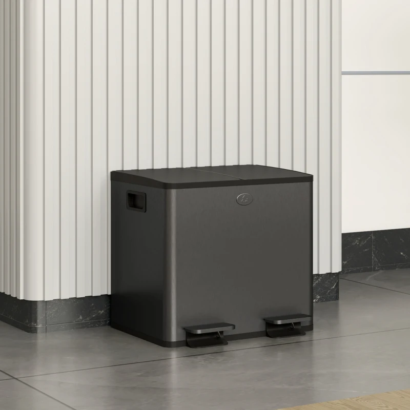 HOMCOM Bidone Immondizia a 2 Sezioni da 15L con Chiusura Silenziosa, in Acciaio Inox e PP, 41.7x36.6x43.2 cm, Nero