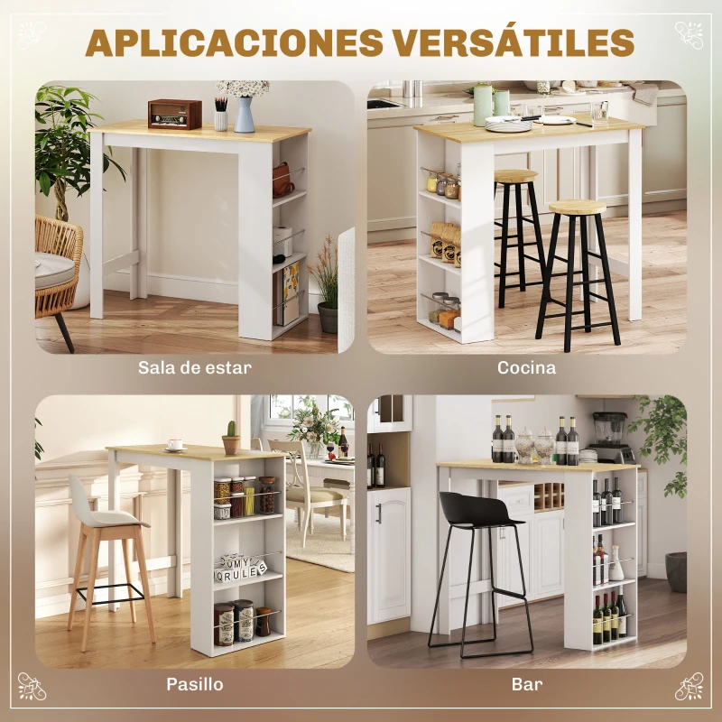 HOMCOM Mesa de Bar Mesa de Bistró Mesa de Comedor Mesa Alta con 3 Estantes Laterales y Estructura de Madera 112x57x106cm Blanco