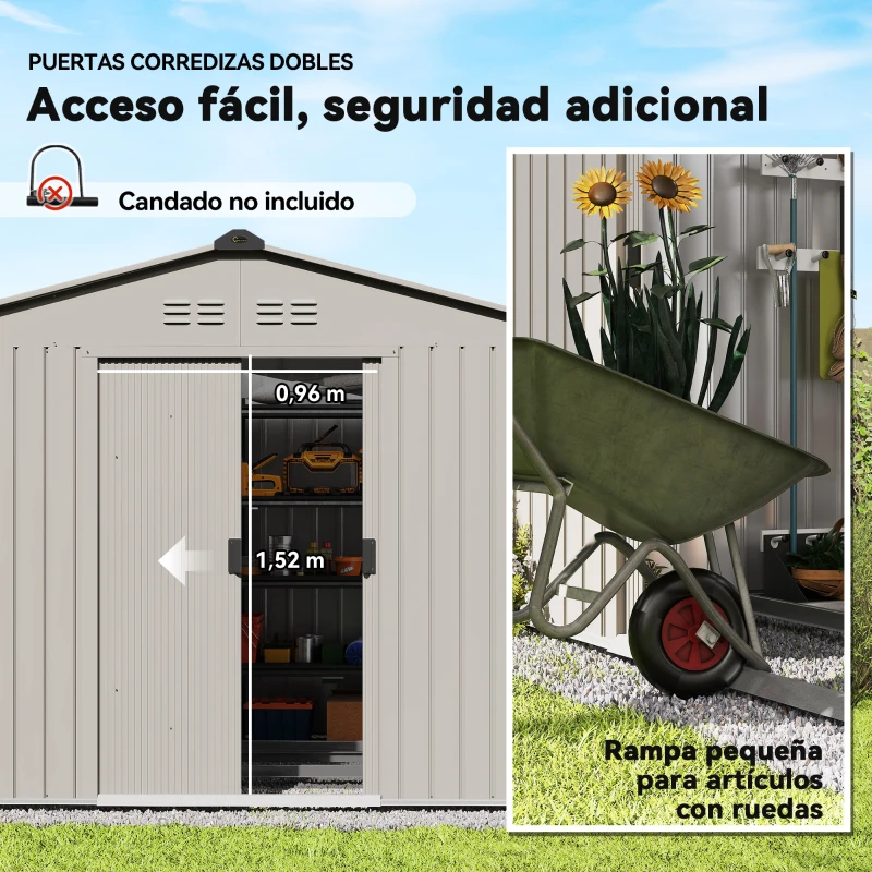 Outsunny Cobertizo de Jardín 4,9 m² 277x195x192 cm con 2 Puertas Corredizas Techo Inclinado y 4 Ventanas Gris Plata