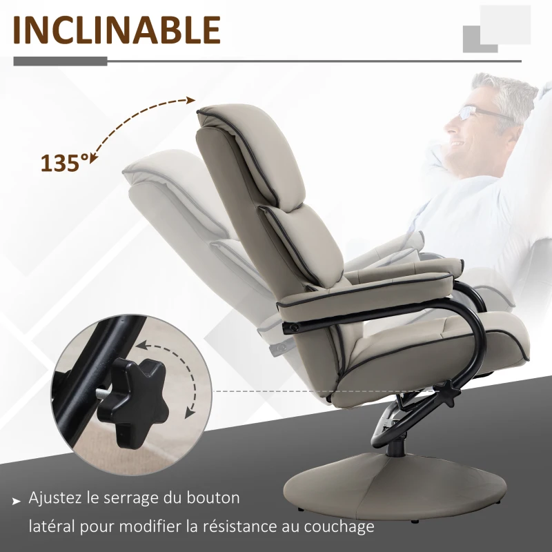 HOMCOM Fauteuil relax avec pouf, fauteuil TV avec dossier inclinable, pivotant à 360° assise rembourrée confortable, gris