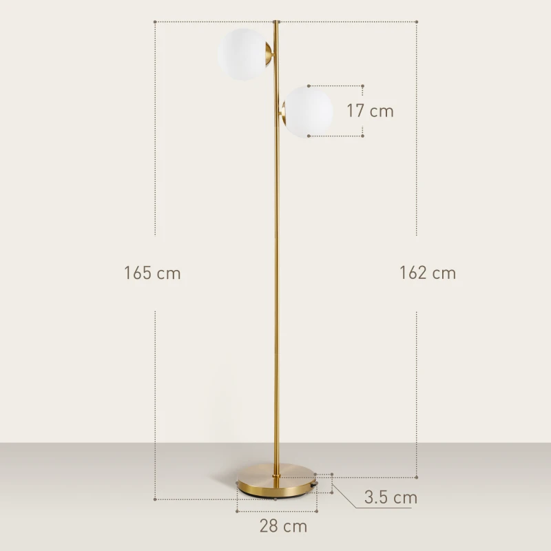 HOMCOM Lampada da Terra con 2 Luci e Paralumi a Sfera, Interruttore a Pedale e Attacco E27, Ø28x165 cm, Oro