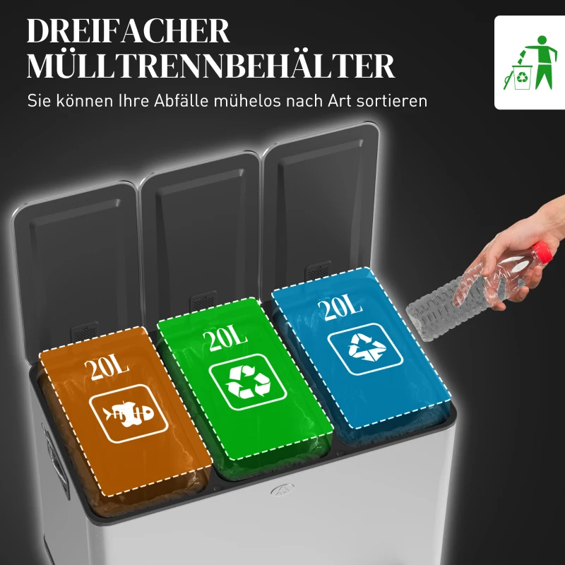 HOMCOM Mülleimer mit 3 x 20 L Fächern, Deodorant-Deckel, fingerabdrucksicher, Soft-Close, herausnehmbar, Silber(m-4)