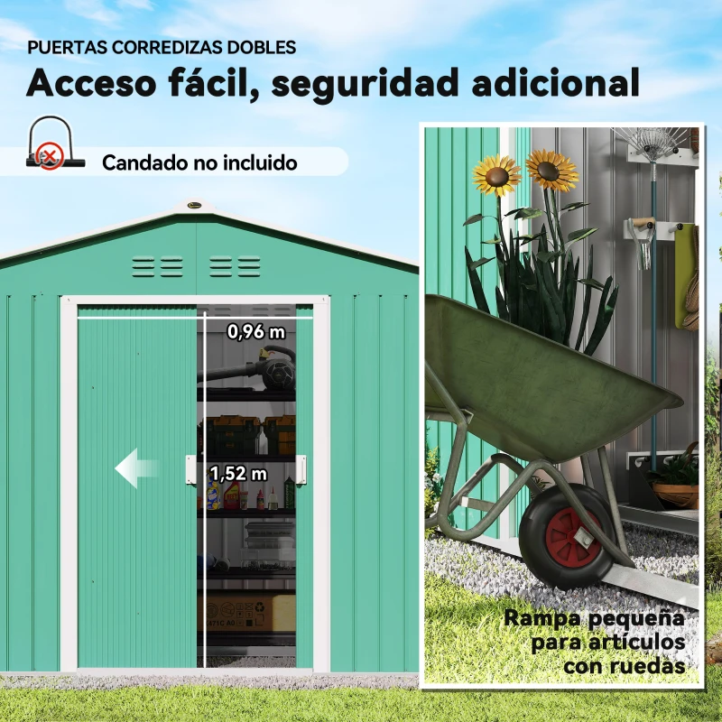 Outsunny Cobertizo de Jardín 4,9 m² 277x195x192 cm con 2 Puertas Corredizas Techo Inclinado y 4 Ventanas Verde
