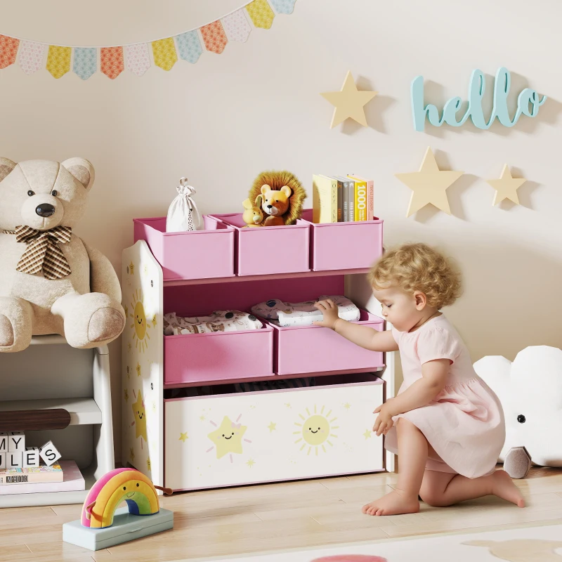 AIYAPLAY Scaffale per Cameretta a 3 Livelli con 6 Scatole Estraibili di Tessuto non Tessuto, 63x30x66 cm, Rosa