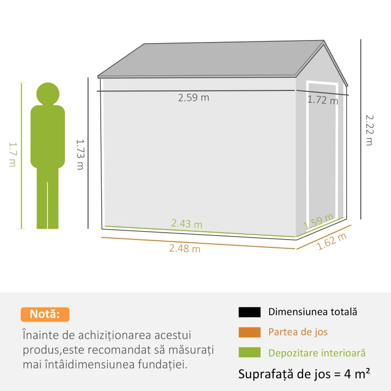 Outsunny Magazie de Gradina din Otel Galvanizat si PP cu 4 Guri de Aerisire si Fereastra, 259x171x222 cm, Gri si Alb(m-3)