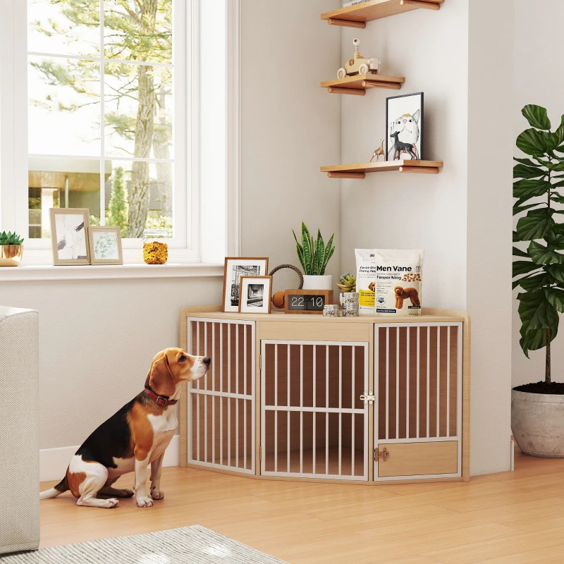 PawHut Cage d'angle pour chien, table d'appoint, avec porte rotative, pour petits et moyens chiens 113 x 80 x 64 cm, chêne
