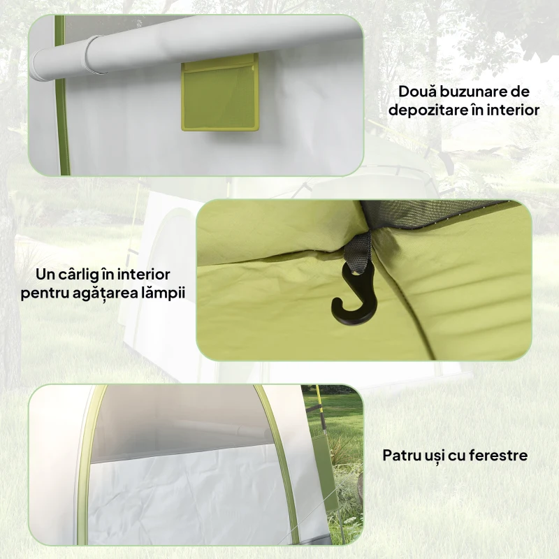 Outsunny Cort pentru Camping cu 2 Locuri, Cort cu Ușă, 3 Ferestre cu Plasă și Geantă pentru Transport, 240x240x199 cm, Verde