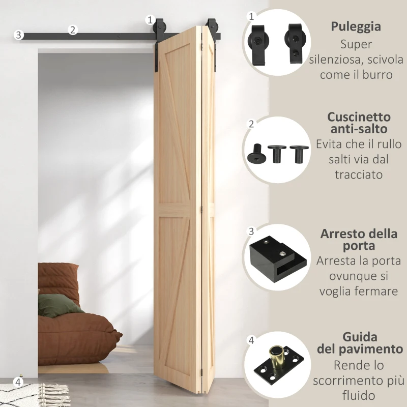 HOMCOM Kit per Porta Scorrevole Pieghevole in Acciaio al Carbonio Nero 122x0.5x4 cm