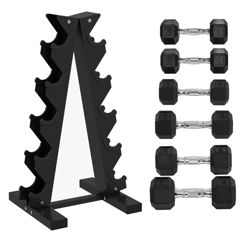 SPORTNOW 5-Tier Dumbbell Rack with 6 Hexagonal Rubber Dumbbells (2x4kg, 2x5kg, 2x6kg), Dumbbell Storage Stand Holder with Weights Sets for Home Gym Fitness, Black