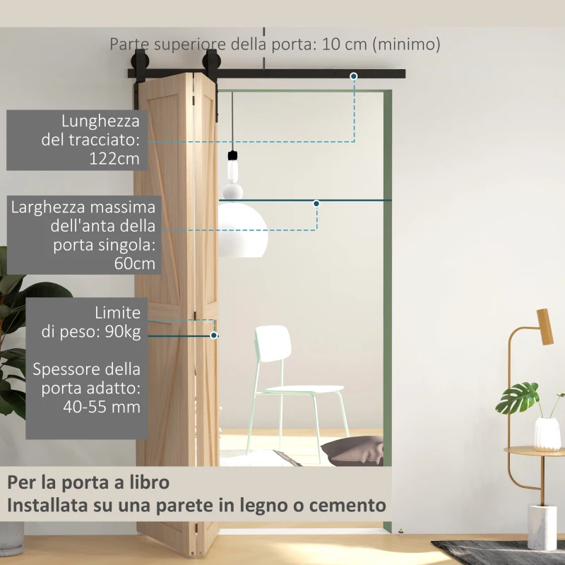 HOMCOM Kit per Porta Scorrevole Pieghevole in Acciaio al Carbonio Nero 122x0.5x4 cm