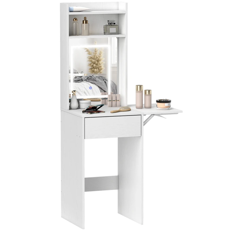 HOMCOM Small Vanity Desk with Mirror and LED Lights, Compact Dressing Table with Drop Leaf, Open Shelves and Drawer, White