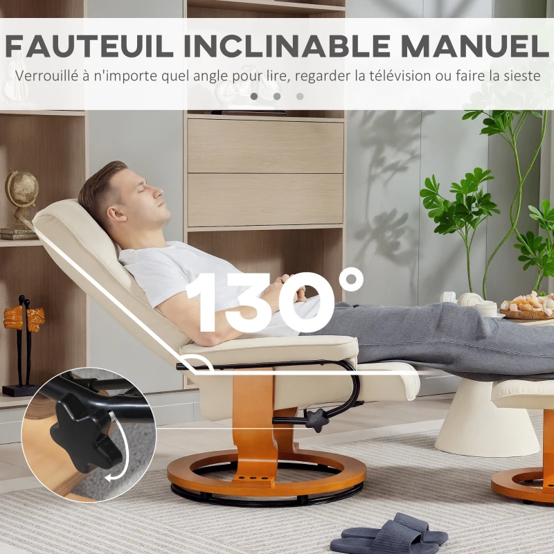 HOMCOM Fauteuil de relaxation inclinable avec repose-pied, pivotant, cadre en bois , revêtement synthétique crème(m-4)