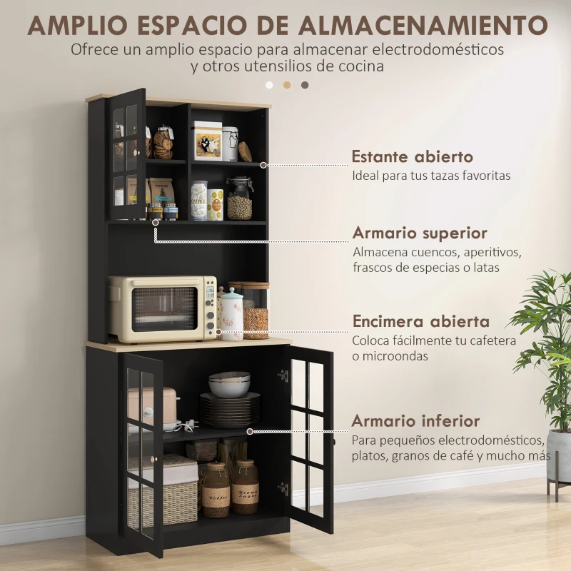 HOMCOM Alacena de Cocina con Estantes y Puertas de Vidrio para Pequeños Electrodomésticos 80x37x183 cm Negro