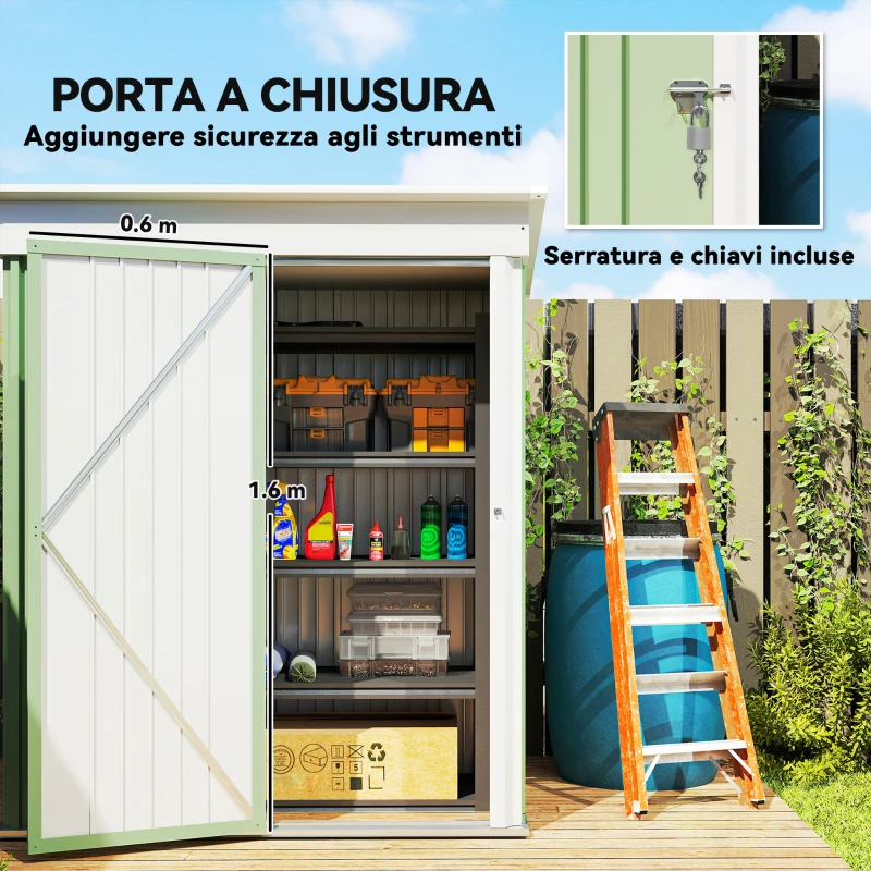 Outsunny Casetta da Giardino Porta Attrezzi in Acciaio con Porta Bloccabile, 161x95x163/181cm, Verde