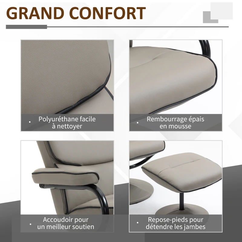 HOMCOM Fauteuil relax avec pouf, fauteuil TV avec dossier inclinable, pivotant à 360° assise rembourrée confortable, gris