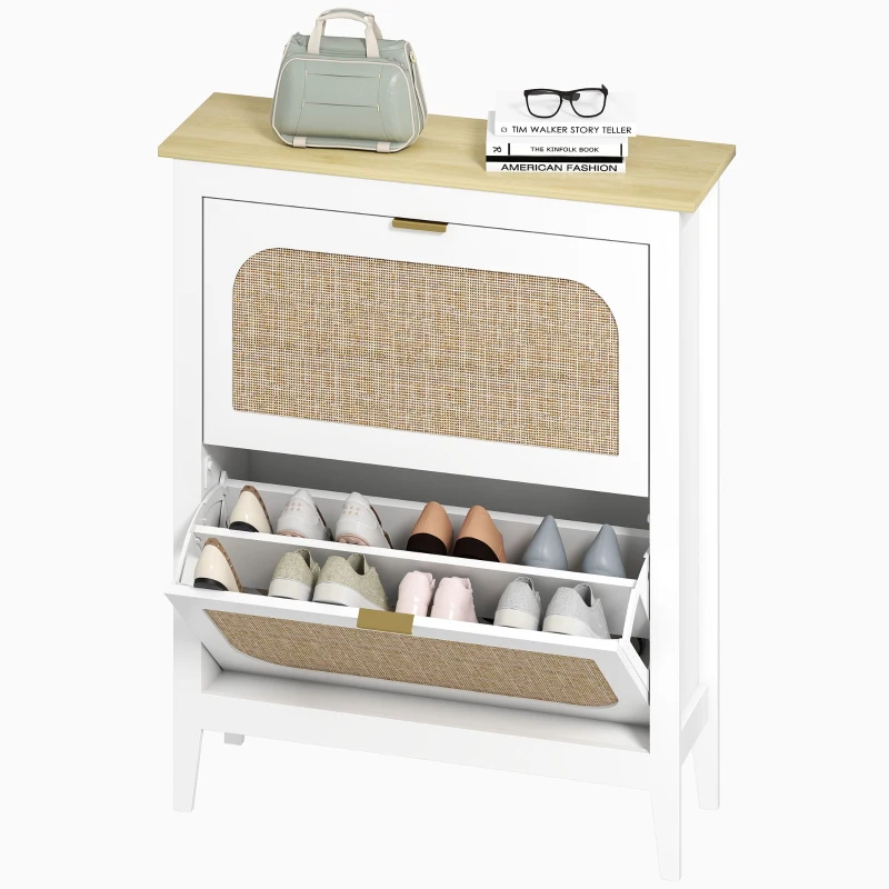 HOMCOM Meuble à chaussures 14 paires bohème avec 2 tiroirs rabattables, portes effet cannage rotin, 80 x 24 x 95,5 cm, blanc