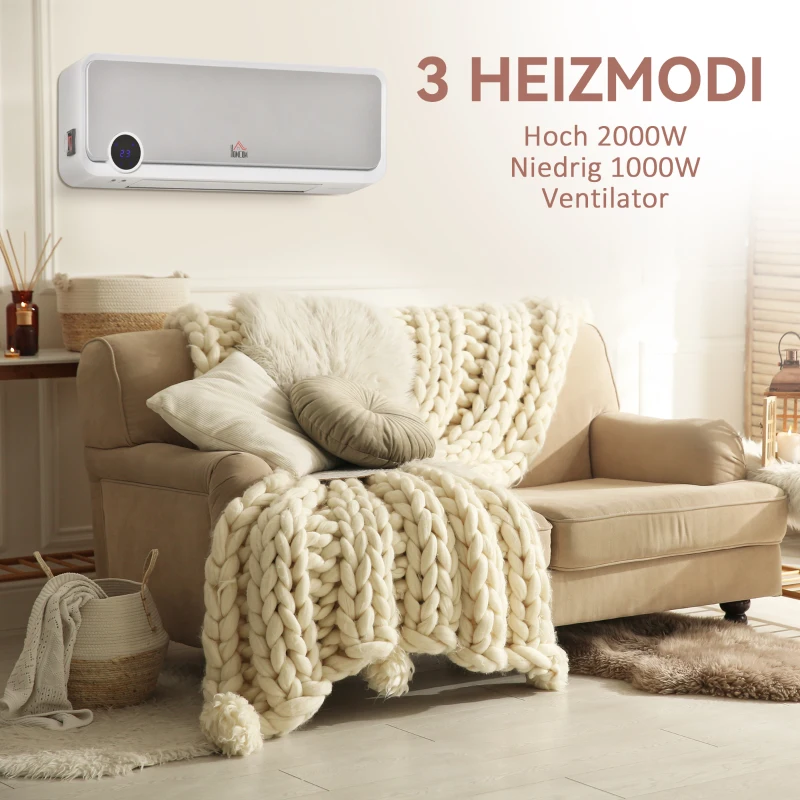 HOMCOM Heizlüfter zur Wandmontage 2000W mit Fernbedienung, 3 Betriebsmodi, LED-Display 12h Timer(m-7)