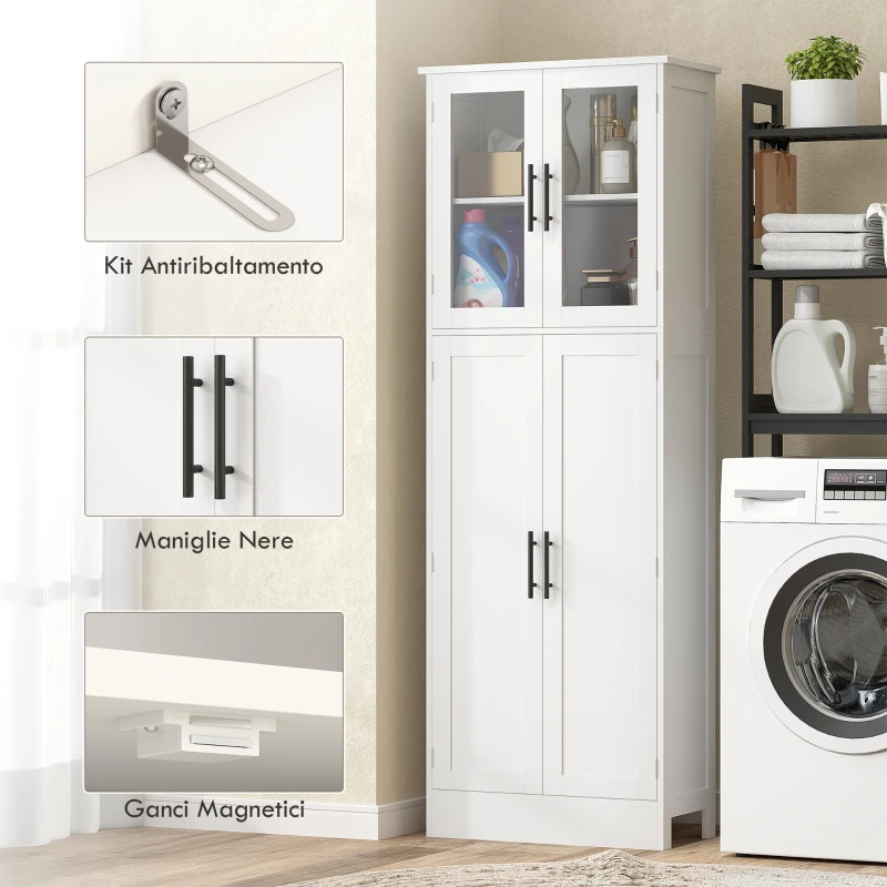 HOMCOM Mobile Bagno Alto con Ripiani Regolabili, Ante in Vetro e Legno, 60x30x170 cm, Bianco