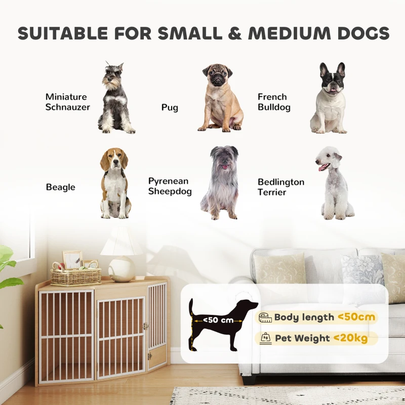 PawHut Jaula de Esquina para Perros, mesa auxiliar, con puerta giratoria, para perros pequeños y medianos 113 x 80 x 64 cm, roble