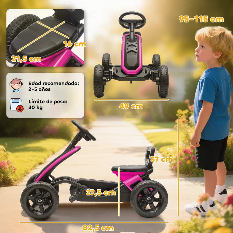 AIYAPLAY Kart à Pédales avec Roues Antidérapantes en EVA Cadre Métallique Charge 30 kg pour Enfants de 2 à 5 Ans Rose(m-3)