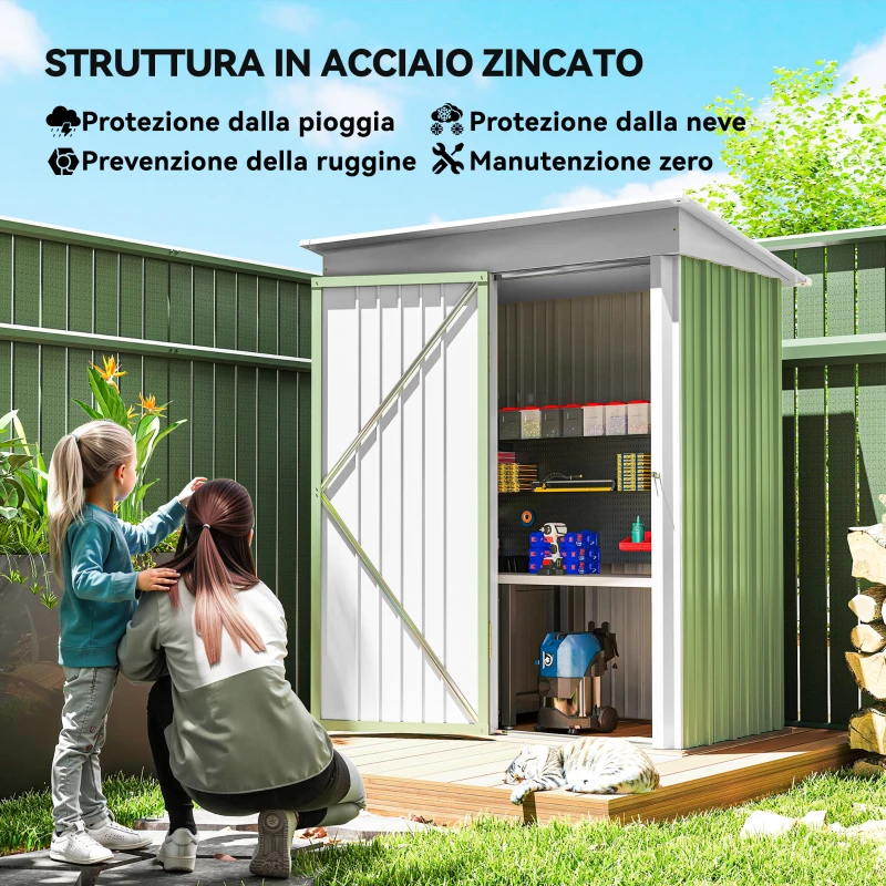 Outsunny Casetta da Giardino Porta Attrezzi in Acciaio con Porta Bloccabile, 161x95x163/181cm, Verde