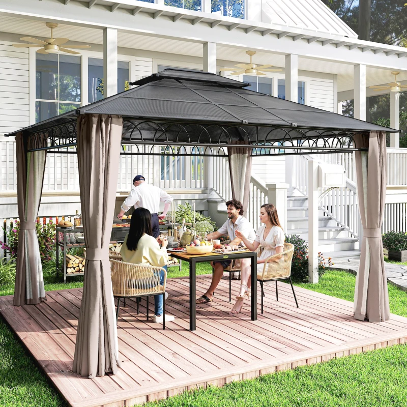 Outsunny 3.6 x 3 (m) Outdoor Polycarbonate Gazebo, Double Roof Hard Top Gazebo with Nettings & Curtains for Garden, Lawn, Patio