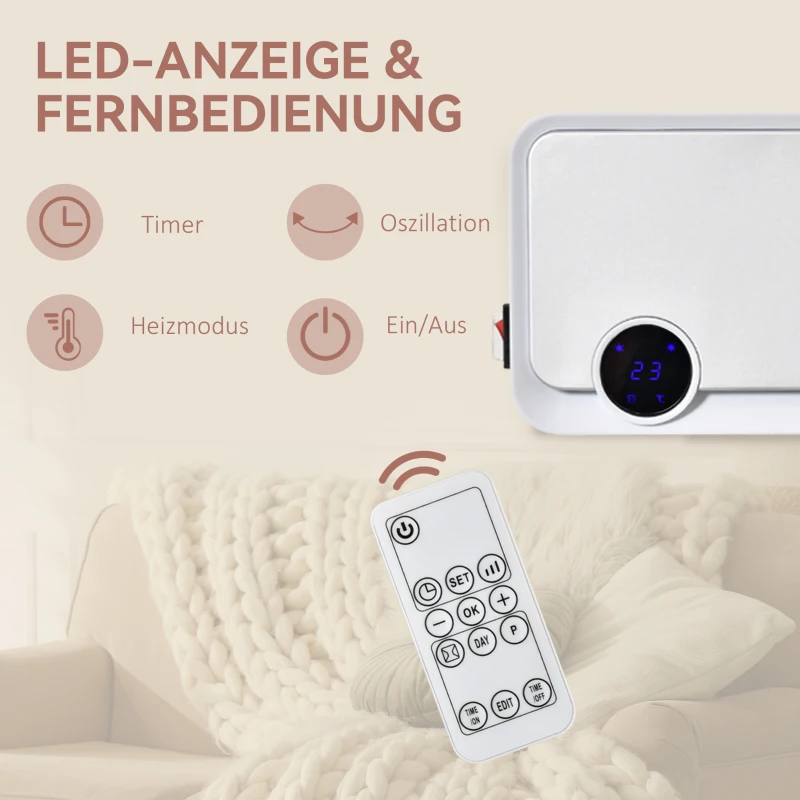 HOMCOM Heizlüfter zur Wandmontage 2000W mit Fernbedienung, 3 Betriebsmodi, LED-Display 12h Timer(m-5)
