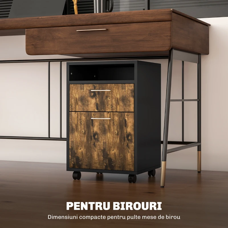 HOMCOM Dulăpior de Birou cu 4 Roți, Raft Deschis și 2 Sertare, Mobilier de Birou din Lemn și Metal, 40x35x60 cm, Maro