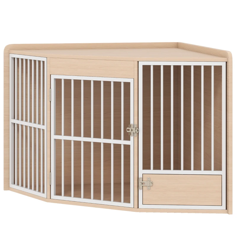 PawHut Jaula de Esquina para Perros, mesa auxiliar, con puerta giratoria, para perros pequeños y medianos 113 x 80 x 64 cm, roble