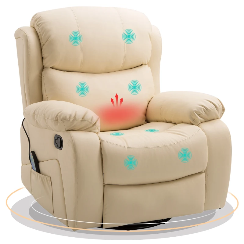 HOMCOM PU Leather Reclining Chair with 8 Massage Points and Heat, Manual Recliner with Swivel Base, Footrest and Remote, Beige
