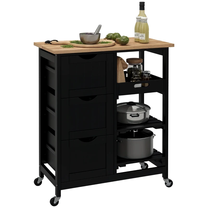 HOMCOM Carrello da Cucina con Ruote con 3 Cassetti, 2 Ripiani Aperti e Vassoio Estraibile 67x37x85,5 cm Nero