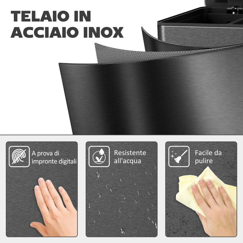 HOMCOM Bidone Immondizia a 3 Sezioni da 20L con Chiusura Silenziosa, in Acciaio Inox e PP, 61.9x36.6x56.7 cm, Nero