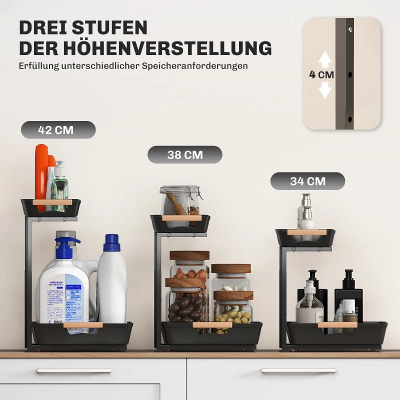 HOMCOM Keukenrek, Verstelbaar Rek met 2 Mandjes, Koffiebar 40 x 30 x 33,5-42 cm