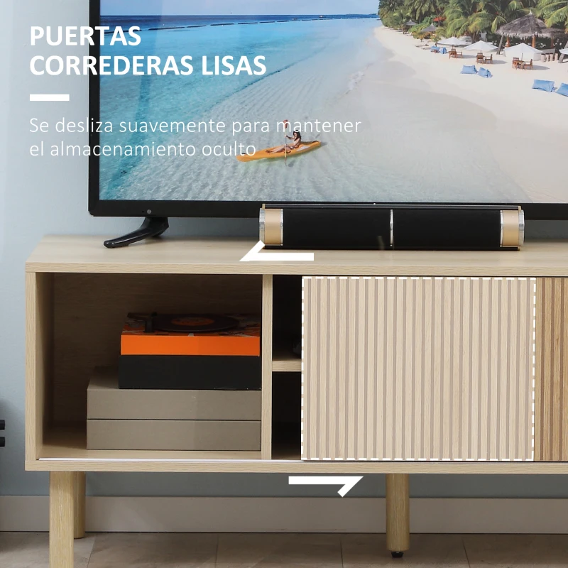 HOMCOM Mesa de TV con Puertas Correderas Estantes Abiertos Orificios para Cables para Televisión hasta 50 Pulgadas Natural