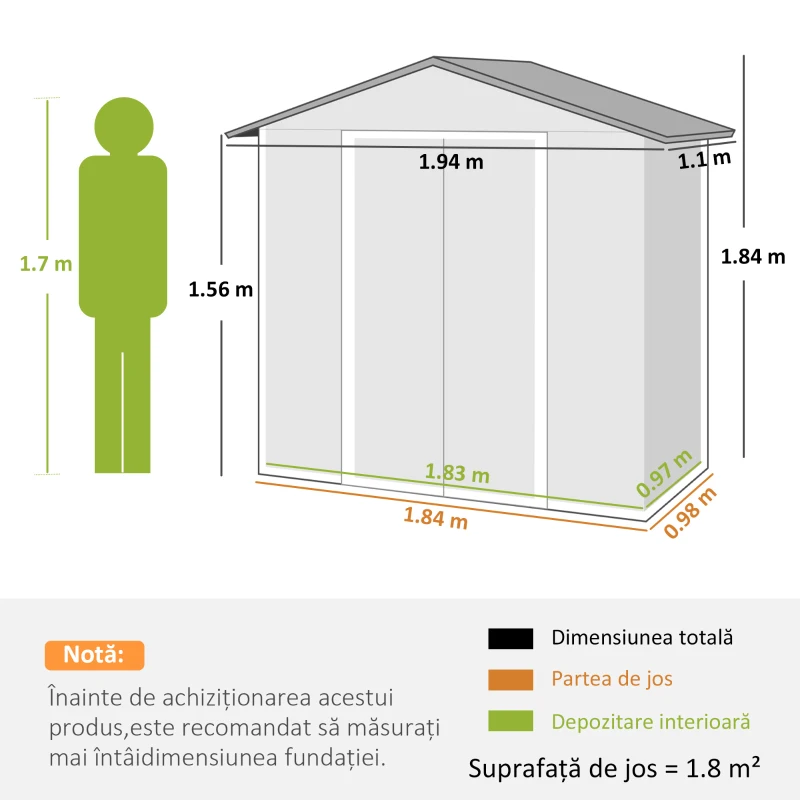 Outsunny Magazie de Gradina cu Usa Dubla Culisanta, 4 Prize de Aerisire si Sistem de Blocare, 194x110x184 cm, Gri(m-3)