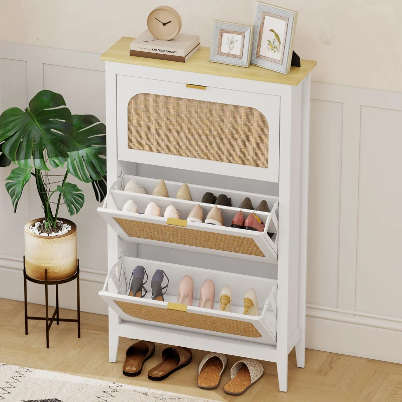 HOMCOM Meuble à chaussures 21 paires bohème avec 3 tiroirs rabattables, portes effet cannage rotin, 80 x 24 x 131 cm, blanc