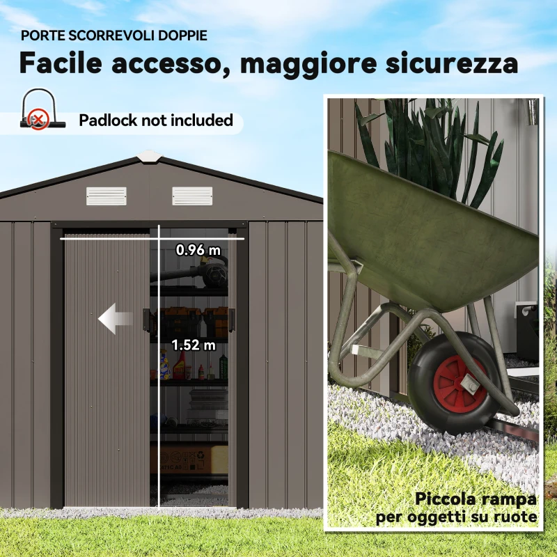 Outsunny Casetta da Giardino con 4 Prese d'Aria e 2 Porte Scorrevoli in Acciaio, 277x195x192 cm, Marrone