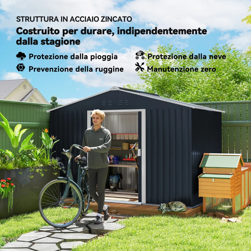 Outsunny Casetta Porta Attrezzi in Acciaio con Tetto Inclinato e 2 Porte Scorrevoli, 277x195x192 cm, Grigio Scuro