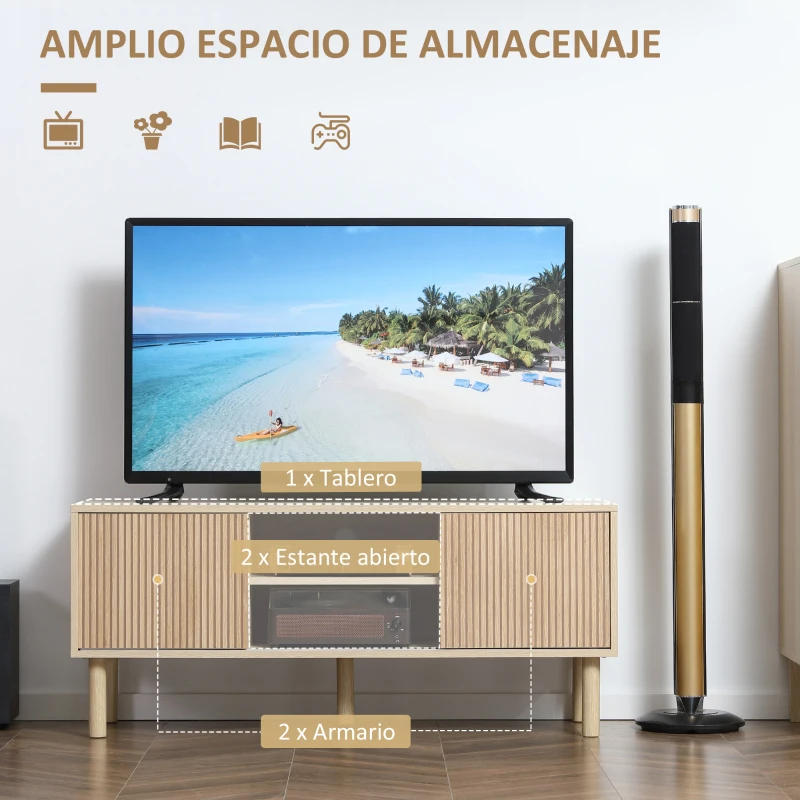 HOMCOM Mesa de TV con Puertas Correderas Estantes Abiertos Orificios para Cables para Televisión hasta 50 Pulgadas Natural