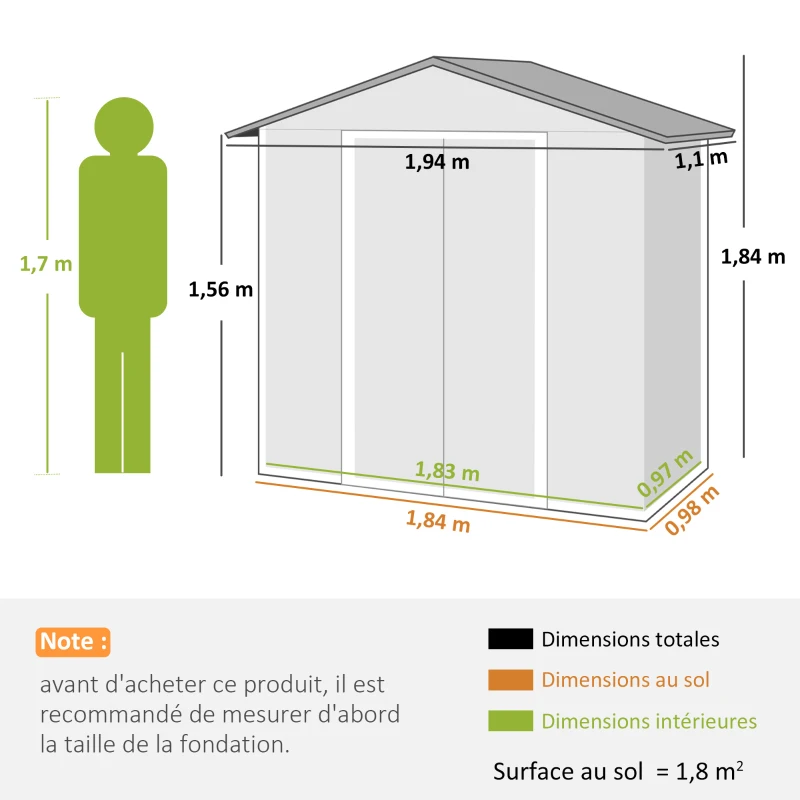Outsunny Abri de jardin en métal grand espace de rangement extérieur avec portes coulissantes 194 x 110 x 184 cm gris foncé(m-3)