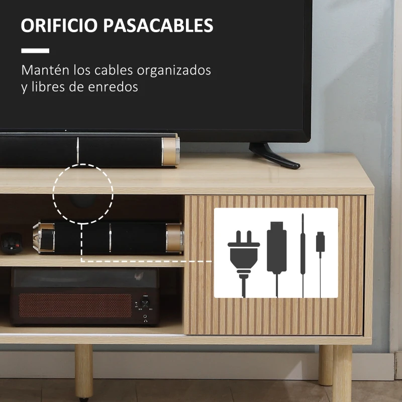 HOMCOM Mesa de TV con Puertas Correderas Estantes Abiertos Orificios para Cables para Televisión hasta 50 Pulgadas Natural