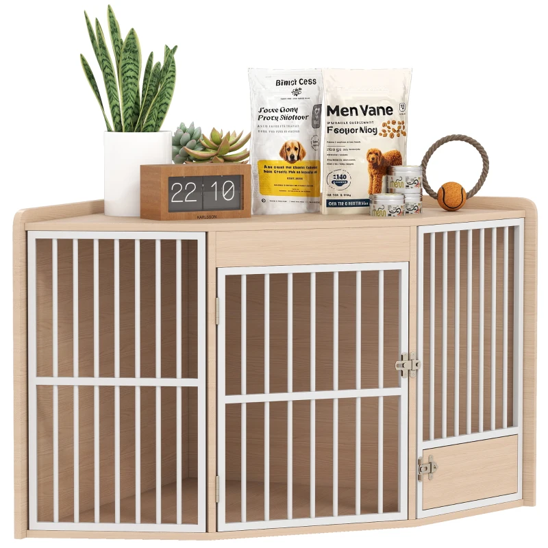 PawHut Gabbia ad angolo per cani, tavolino, con porta girevole, per piccoli e medi cani 113 x 80 x 64 cm, rovere