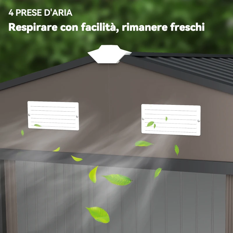 Outsunny Casetta da Giardino con 4 Prese d'Aria e 2 Porte Scorrevoli in Acciaio, 277x195x192 cm, Marrone