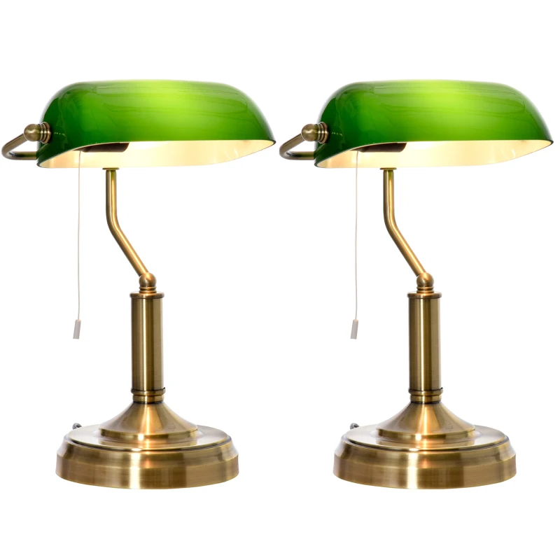 HOMCOM Banker's Table Lamps Set of 2, Desk Lamps with Antique Bronze Tone Base, Green Glass Shade and Pull Rope Switch for Home Office, Living Room, Bedroom, Dining Room, Green