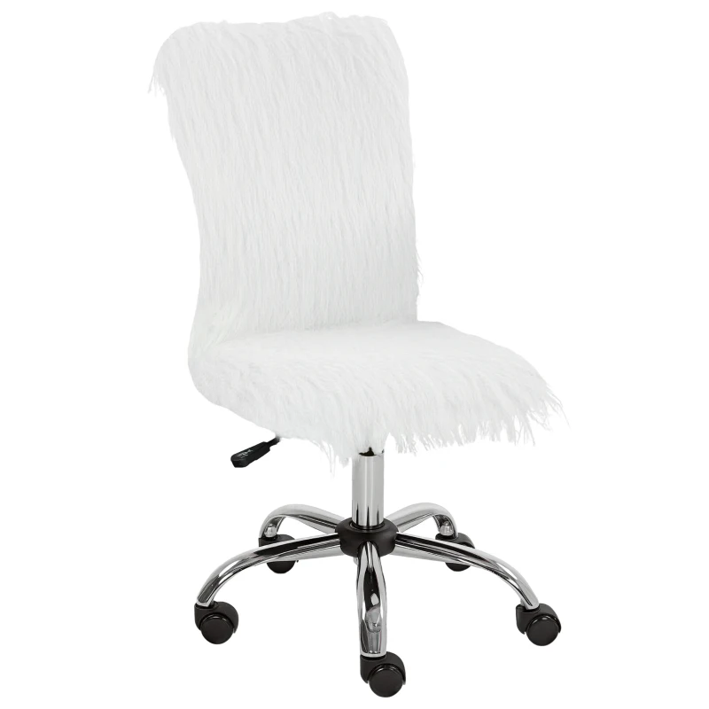 HOMCOM Plush Office Desk Chair, Modern Armless Swivel Vanity Chair with Adjustable Height for Home Office, Bedroom, Living Room, White