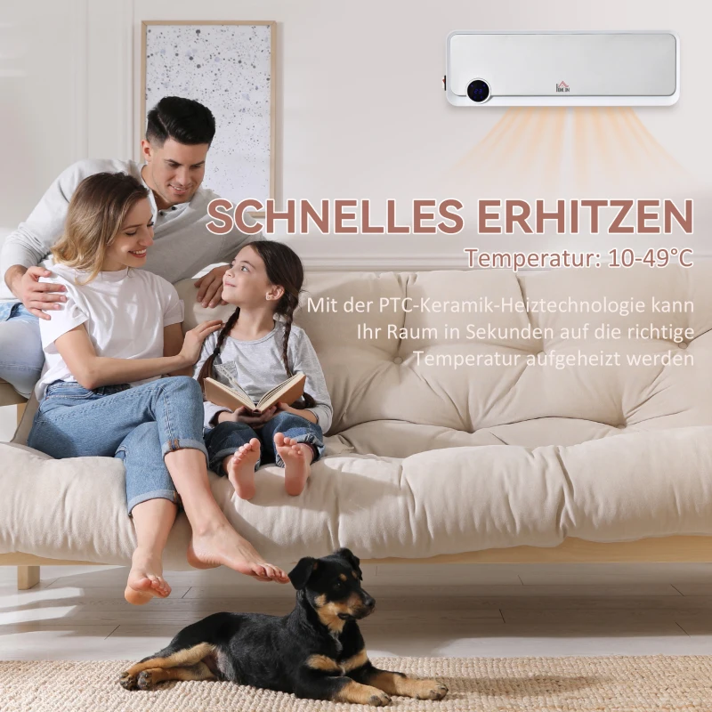 HOMCOM Heizlüfter zur Wandmontage 2000W mit Fernbedienung, 3 Betriebsmodi, LED-Display 12h Timer(m-6)